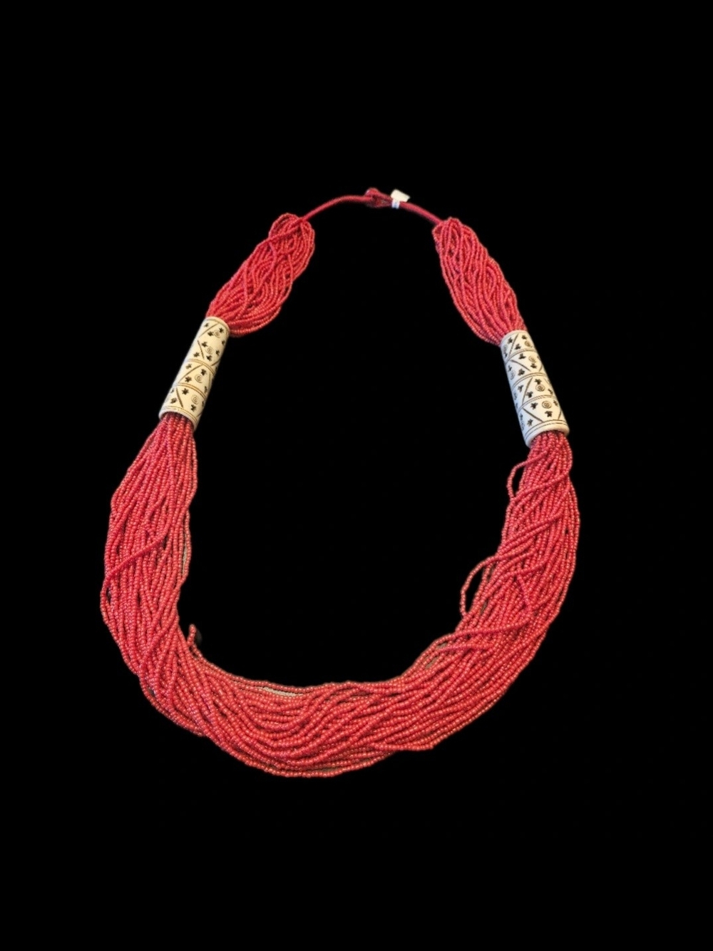 Vintage Multi-Strand Red Glass Bead Necklace Elaborately Carved Bone Spacer 36"